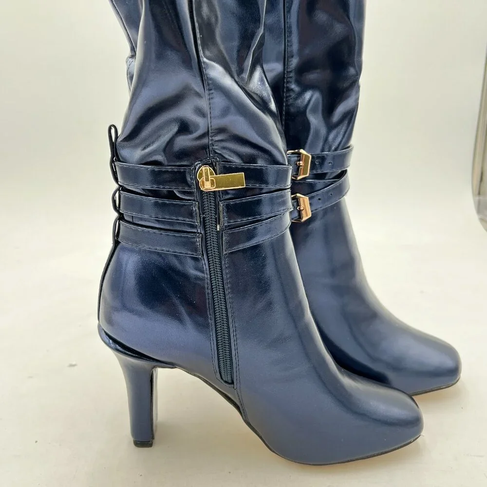 FSJ Dark Blue Knee High Boots Pull On Chunky Mid Heel Side Zipper Shoes - Picture 4 of 8